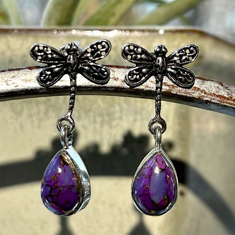 Copper Purple Turquoise - Dragonfly Dangle 925 Po… - image 3